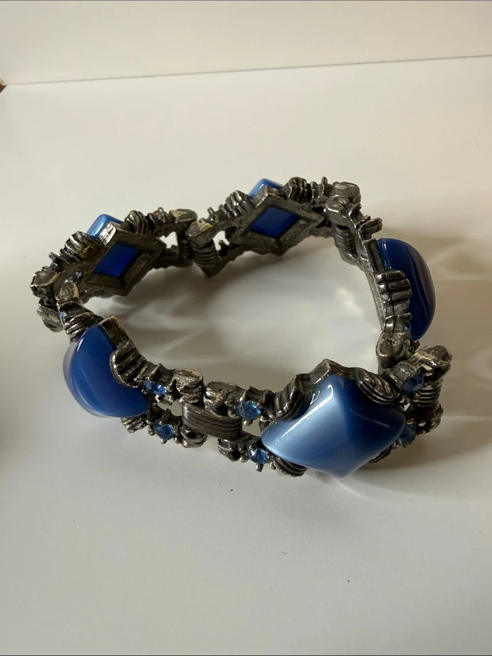Blue diamond shape moonglow rhinestone chunky gunmetal Vintage Bracelet art deco